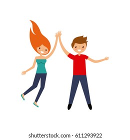 happy couple jumping over white background. colorful design. vector illustration