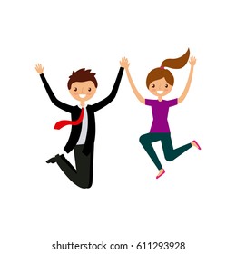 happy couple jumping over white background. colorful design. vector illustration