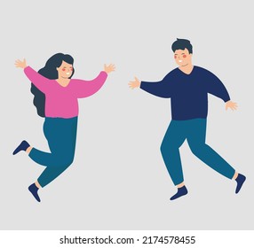 Happy couple jumping with raised hands in an isolated background. Young woman and man running with joy. Concept of success, mental health wellbeing, healthy lifestyle and friendship. Vector stock