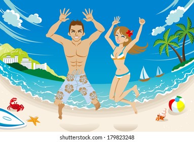 Happy couple  jumping in tropical beach.