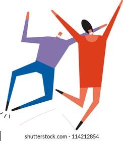Happy couple jumps into the air, man clicks his heels