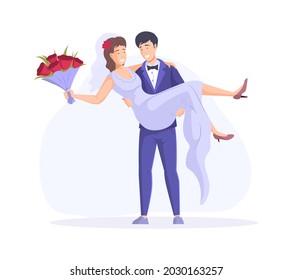 Happy couple just married in bridal apparel. Smiling bridegroom carrying bride with flowers bouquet. Husband and wife enjoying festive event wedding ceremony feeling love cartoon vector