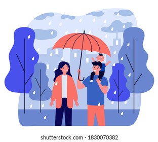 Happy couple with kid walking in rainy day. Rain, umbrella, son flat vector illustration. Weather and family concept for banner, website design or landing web page