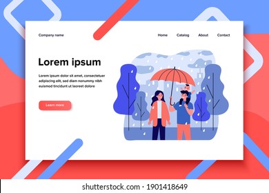 Happy couple with kid walking in rainy day. Rain, umbrella, son flat vector illustration. Weather and family concept for banner, website design or landing web page