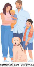 Happy couple with kids and dog. Smiling family together isolated on white background