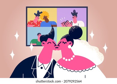 Happy couple kiss on wedding ceremony have guest live broadcast visit online. Loving man and woman marriage celebration with visitors on internet virtual digital event. Flat vector illustration. 