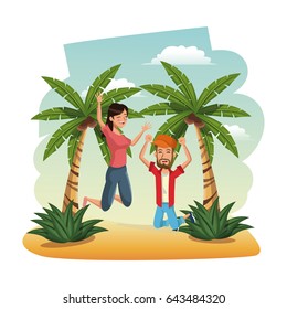 happy couple leap beach. time travel tropical vacations concept