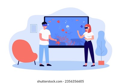 Happy couple learning about underwater world via VR headsets. Man and woman in augmented reality glasses near aquarium with fish vector illustration. Virtual reality, information, technology concept