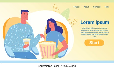 Happy Couple Leisure Time. Loving Man and Woman Relaxing at Home Eating, Watching TV, Visiting Cinema with Pop Corn. Love, Romantic Relations, Relax Cartoon Flat Vector Illustration, Horizontal Banner