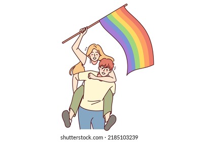 Happy couple with LGBT flag. Smiling man and woman showing support on pride parade. Homosexuality and love freedom. Vector illustration. 