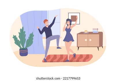 Happy couple listening music and dancing together at home. Happy man and woman having fun at home party. Girl in headphones enjoying on listening music, guy rhythmically moving flat vector
