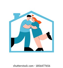 Una pareja feliz viviendo en una casa pequeña, concepto pequeño y compacto de vector de hogar. Ilustración plana a mano para sitio web, banner, anuncio o afiche. Pareja de abrazos a hombres y mujeres al estilo de las caricaturas.