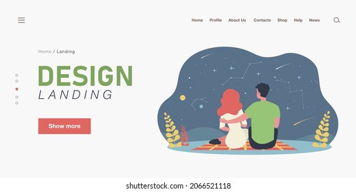 Happy Couple Looking At Starry Night Sky, Back View. Flat Vector Illustration. Romantic Date, Picnic, Man And Woman Admiring Beautiful View Of Shooting Stars. Romance, Date, Love, Space Concept