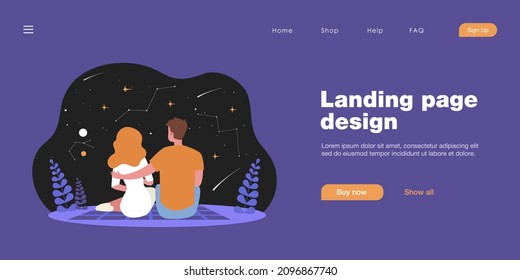 Happy couple looking at starry night sky, back view. Flat vector illustration. Romantic date, picnic, man and woman admiring beautiful view of shooting stars. Romance, date, love, space concept