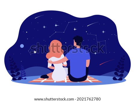 Happy couple looking at starry night sky, back view. Flat vector illustration. Romantic date, picnic, man and woman admiring beautiful view of shooting stars. Romance, date, love, space concept