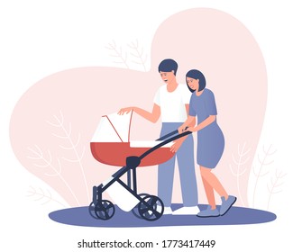 Happy couple looking in a stroller with a newborn. Mom and Dad are walking with a mouse in a stroller. Stroller cradle universal red and white. Flat vector cartoon illustration.