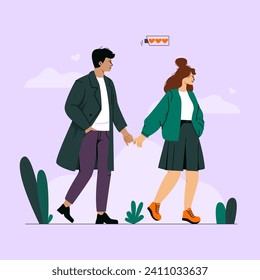 Happy couple in love. Cartoon man woman characters walking holding hands, young people in romantic relationship Valentine day concept. Vector illustration