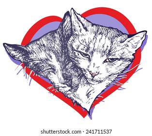 Happy couple in love cats in the heart of drawing  color vector stylized engraving