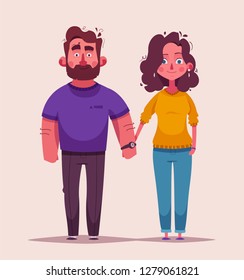 Happy couple in love. Character design. Cartoon vector illustration. Man and woman hold hands. Saint Valentine.