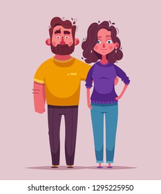 Happy couple in love. Character design. Cartoon vector illustration. Man and woman hold hands. Saint Valentine.