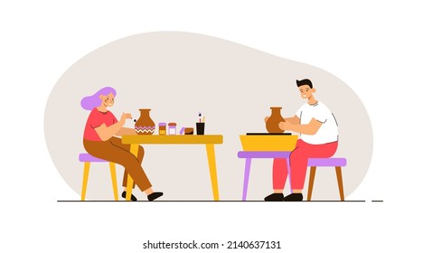 Happy couple in love creating pottery on potters wheel in studio and glazing it. Workshop, creative hobby and art therapy concept. Modern flat vector illustration