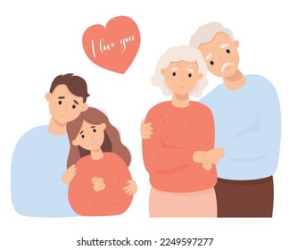 Feliz pareja enamorada. Pareja educada a los jóvenes y a los ancianos y ancianos encantados. Ilustración de dibujos animados planos vectoriales. Concepto de vacaciones te amo, gente feliz, amor y longevidad