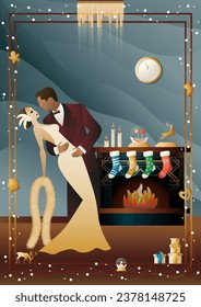 Happy couple in love dancing in front of the fireplace. Christmas evening, New Year. Concept of holiday, winter vacation, New Year, Christmas