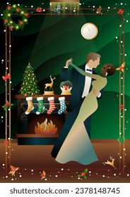 Happy couple in love dancing in front of the fireplace. Christmas evening, New Year. Concept of holiday, winter vacation, New Year, Christmas