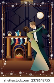 Happy couple in love dancing in front of the fireplace. Christmas evening, New Year. Concept of holiday, winter vacation, New Year, Christmas