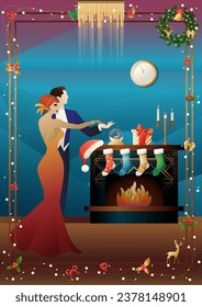 Happy couple in love dancing in front of the fireplace. Christmas evening, New Year. Concept of holiday, winter vacation, New Year, Christmas