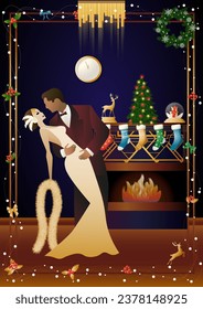 Happy couple in love dancing in front of the fireplace. Christmas evening, New Year. Concept of holiday, winter vacation, New Year, Christmas