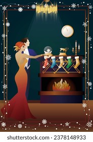Feliz pareja enamorada bailando frente a la chimenea. Nochebuena, Año Nuevo. Concepto de vacaciones, vacaciones de invierno, Año Nuevo, Navidad