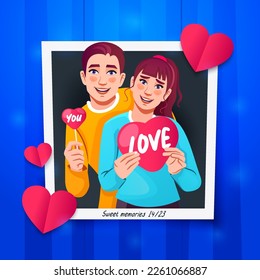 A happy couple in love enjoying day photo frame template. Photograph wall decor vector illustration. Photo album of couple of photograph for banner, poster, sticker, blogging, and promotion materials.