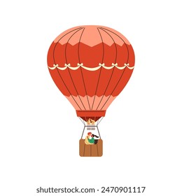 Pareja feliz en el amor que vuela en una Ilustración vectorial plana del globo del aire caliente. Amantes del hombre y de la mujer románticos lindos que disfrutan del día de San Valentín en el viaje Aéreas del globo. Aventura de luna de miel