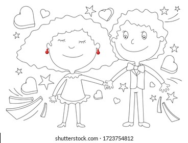 Happy couple in love. Funny bright illustration. Happy valentine’s day with lover. Hold one’s hand. Decoration greeting card,banner,website.