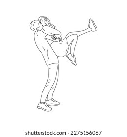 Happy couple in love. Guy hugs girl from behind and lifts her up. Human relationship, sincere feelings. Black and white vector isolated illustration hand drawn