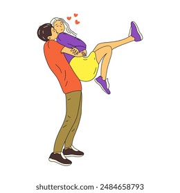 Happy couple in love. Guy hugs girl from behind and lifts her up and kisses. Human relationship, sincere feelings. Colorful vector isolated illustration hand drawn