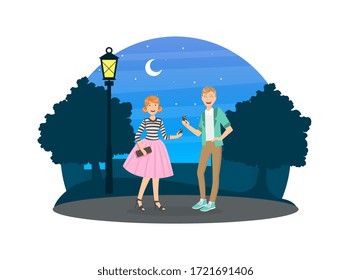 Happy Couple in Love Having Date at Night on Nature, Young Women and Men in Fashion Clothing Vector Illustration