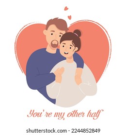 Happy couple in love in heart. Cool valentine card with text Youre my other half. Vector illustration in flat style of loving young couple for valentines day, wedding and birthday design