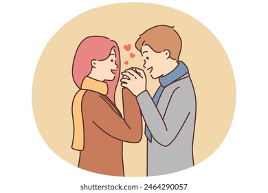 Happy couple in love holding hands enjoying romantic date outside. Smiling man and woman embracing showing affection and care. Relationships. Vector illustration.