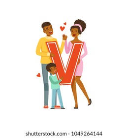 Happy couple in love holding red letter V vector Illustration on a white background