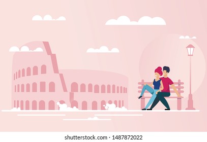 Happy Couple in Love Hug Sitting on Bench. Smiling Man and Woman Rest near Famous Landmark Enjoying Romantic Scene. Tourists Looking on Architecture Attractions. Dating for Lovers. Vector Illustration