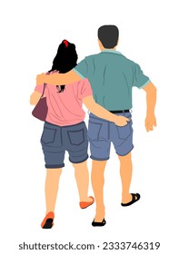 Happy couple in love in hug walking vector illustration isolated on white background.  Boyfriend girlfriend hugging date. Woman and man closeness and tenderness in park outdoor. Tourist pickpocketing.