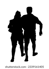 Happy couple in love in hug walking vector silhouette illustration isolated on white.  Boyfriend girlfriend hugging date. Woman and man closeness tenderness in park outdoor. Tourist pick pocketing.