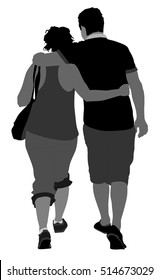 Happy couple in love in hug walking vector illustration isolated on white background.  Boyfriend and girlfriend hugging on date. Woman and man closeness tenderness in park outdoor.