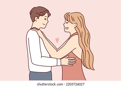 Happy couple in love hugging enjoy romantic date together. Smiling man and woman embracing showing affection and care. Relationship concept. Vector illustration. 