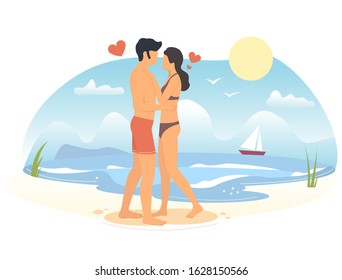 Happy couple in love hugging on beach, vector flat illustration. Romantic summer vacation, honeymoon concept for web banner, website page etc.