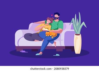 Happy couple in love hugging on cozy couch with a cat and popcorn. Cartoon family characters celebrate valentines day by watching a romantic movie indoor. Vector illustration in flat style.