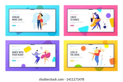 Happy Couple in Love Landing Page. Man Kissing his Girlfriend. Woman Hugs Boyfriend. Romantic Dating Concept with Lovers Characters Dancing Disco Web Banner. Vector flat illustration