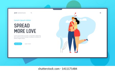 Happy Couple in Love Landing Page Template. Man Kissing his Girlfriend. Woman Hugs Boyfriend. Romantic Dating Concept with Lovers Characters Website Banner. Vector flat illustration